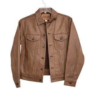 VTG Gap Blue Jeans Brown Leather Trucker Jacket Men S Moto Biker Americana Retro